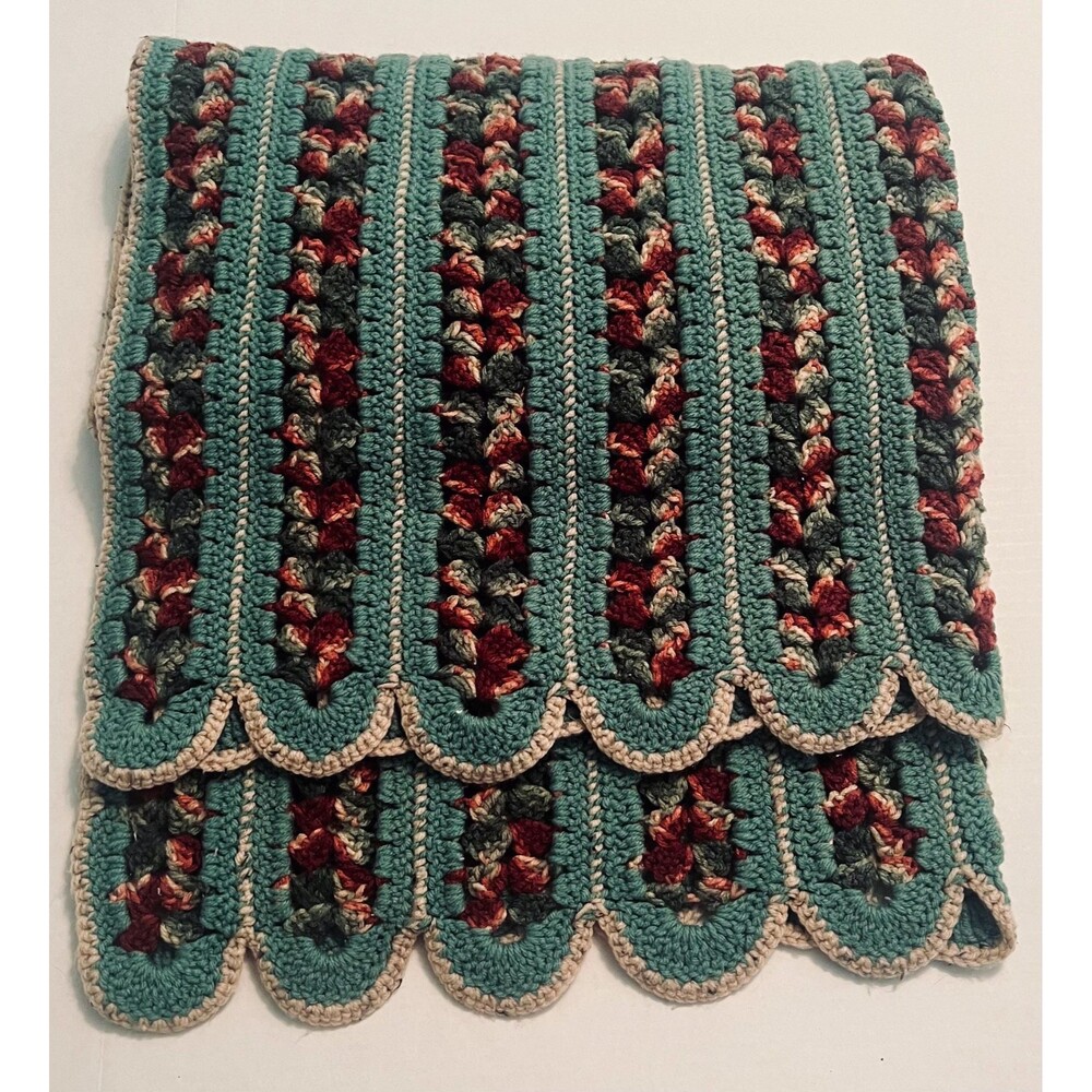 Vintage handmade Mile-a-Minute" crochet textured throw blanket 64x34 teal green